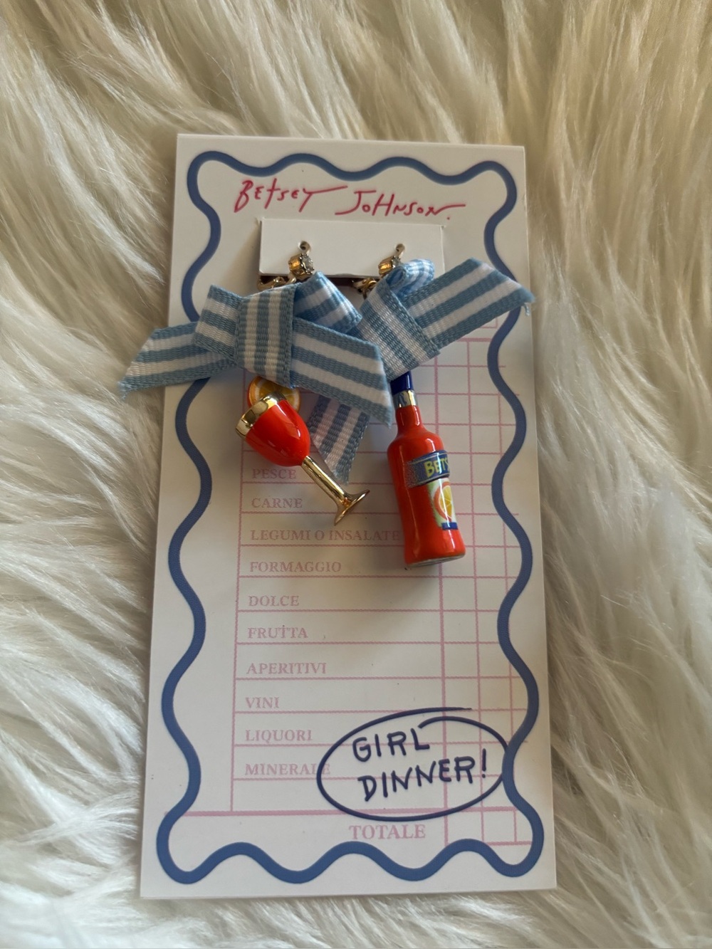 Betsey Johnson Blue Striped Ribbon Earrings with Red Bottle & Glass Charms